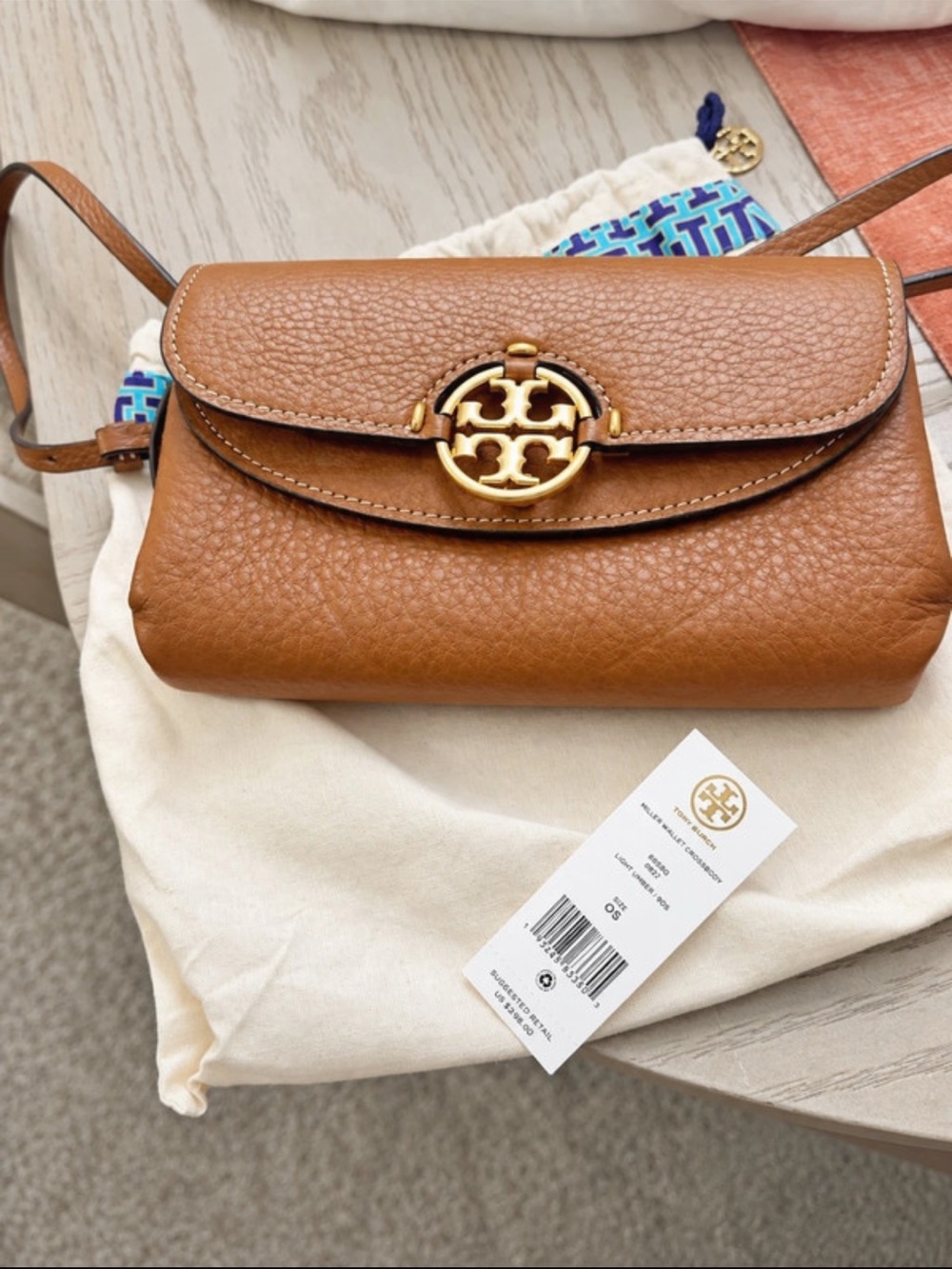 Tory Burch Cognac Pebbled Leather Crossbody with Gold Logo